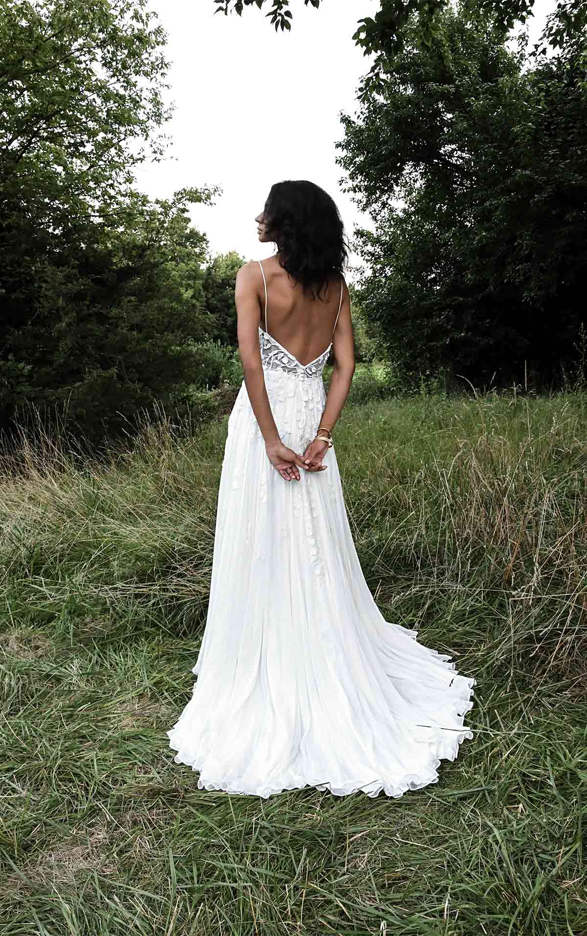 muse Modern A-Line Boho Wedding Dress with Minimalist Straps and Plunging V-Neck  by All Who Wander