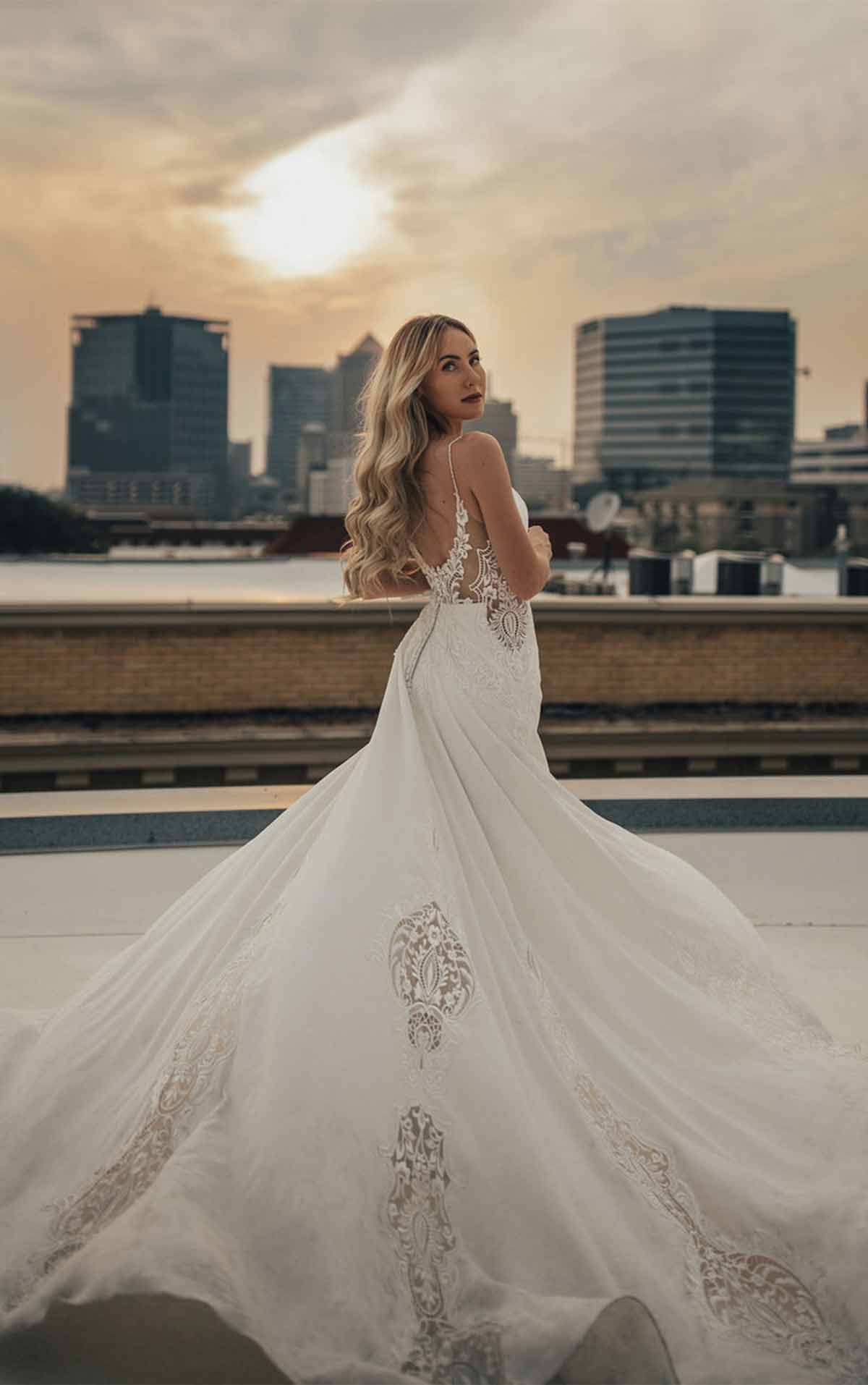 delta Embroidered Boho Wedding Dress with Textured Lace and Plunging Sweetheart Neckline  by All Who Wander