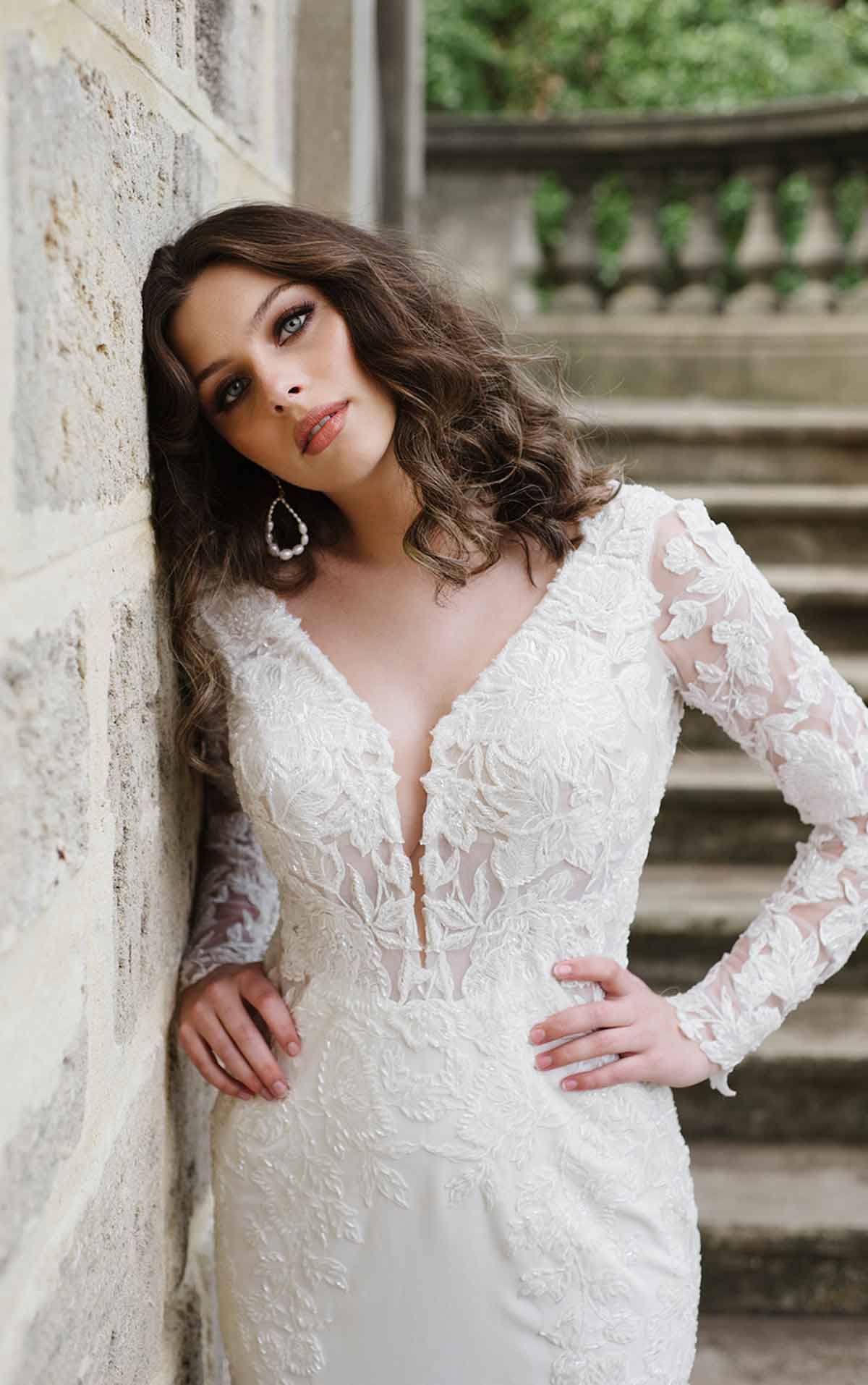 1302 Elegant Lace Wedding Dress with Plunge Back and Long Sleeves  by Martina Liana
