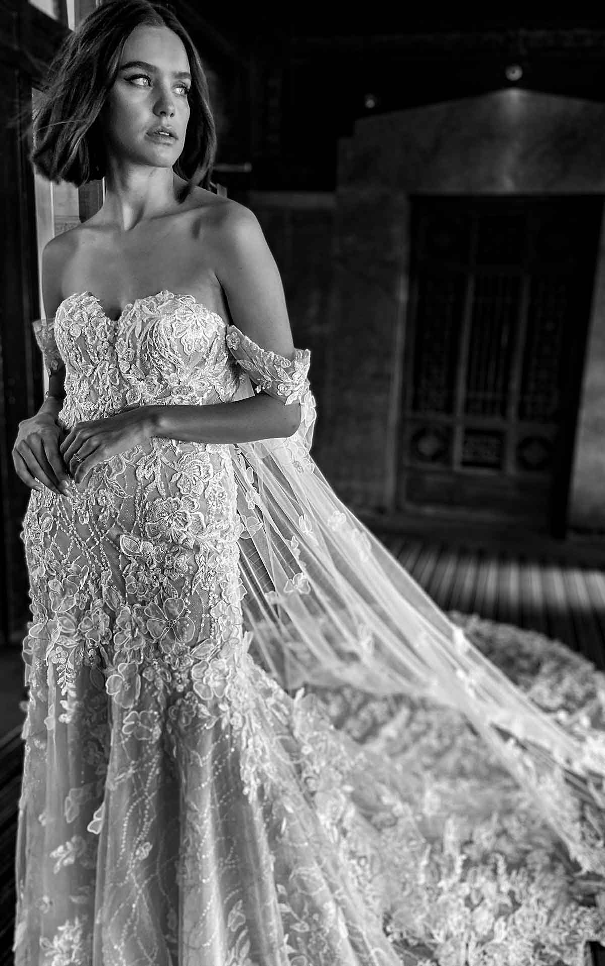 le1124 Modern Floral Fit-and-Flare Wedding Dress with Detachable Cape  by Martina Liana Luxe