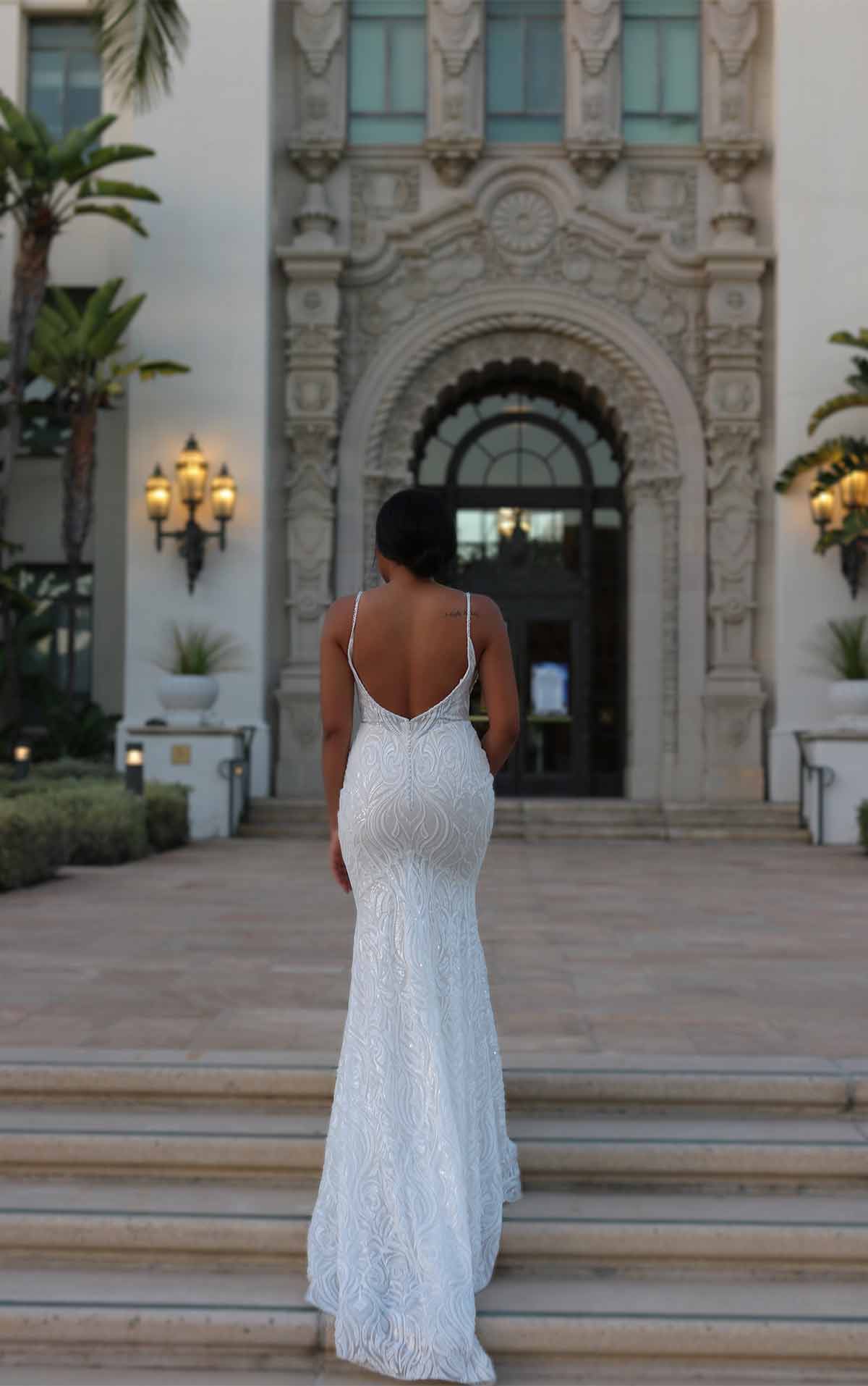 1306 Graphic Lace Fit-and-Flare Wedding Dress with Sequins and Beading  by Martina Liana