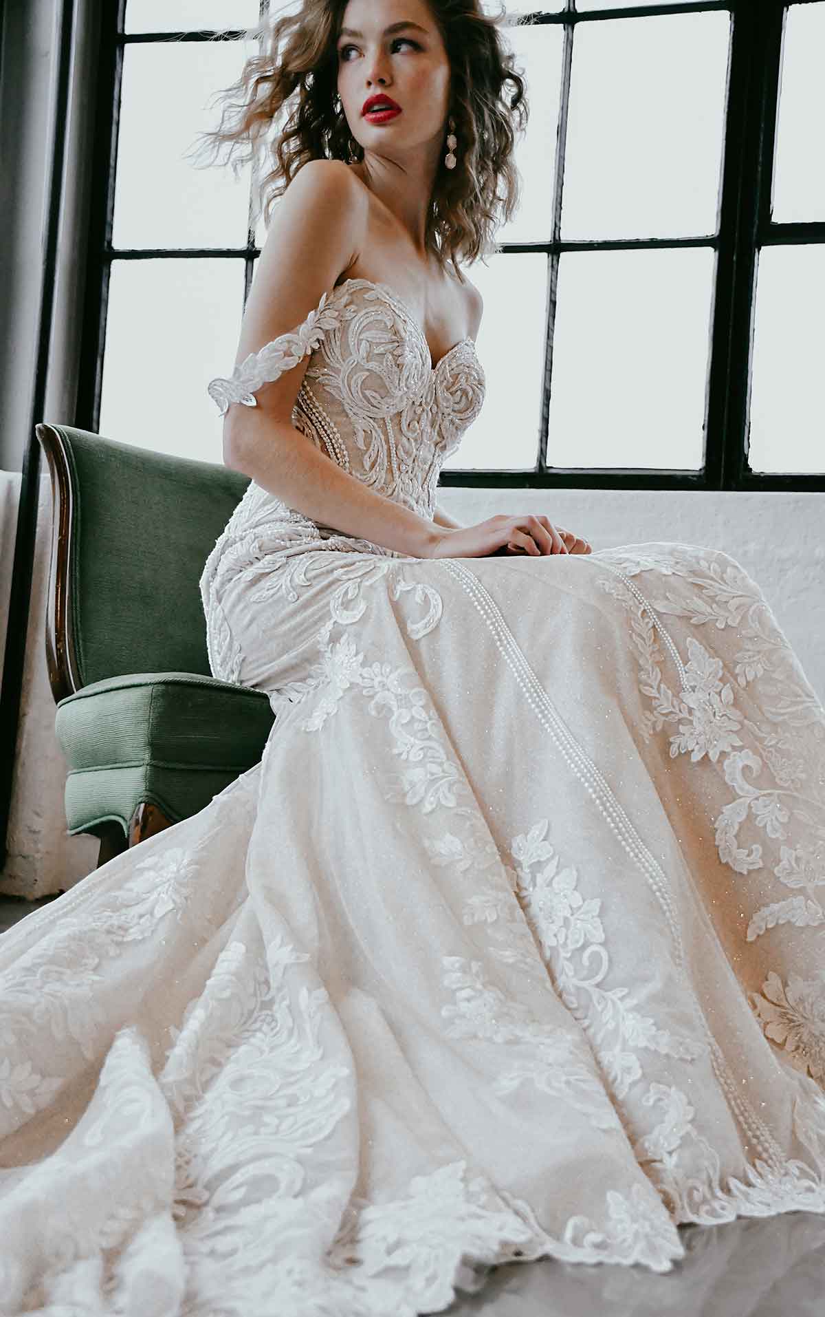 1267 Off-Shoulder  Lace Wedding Dress with Shaped Train  by Martina Liana