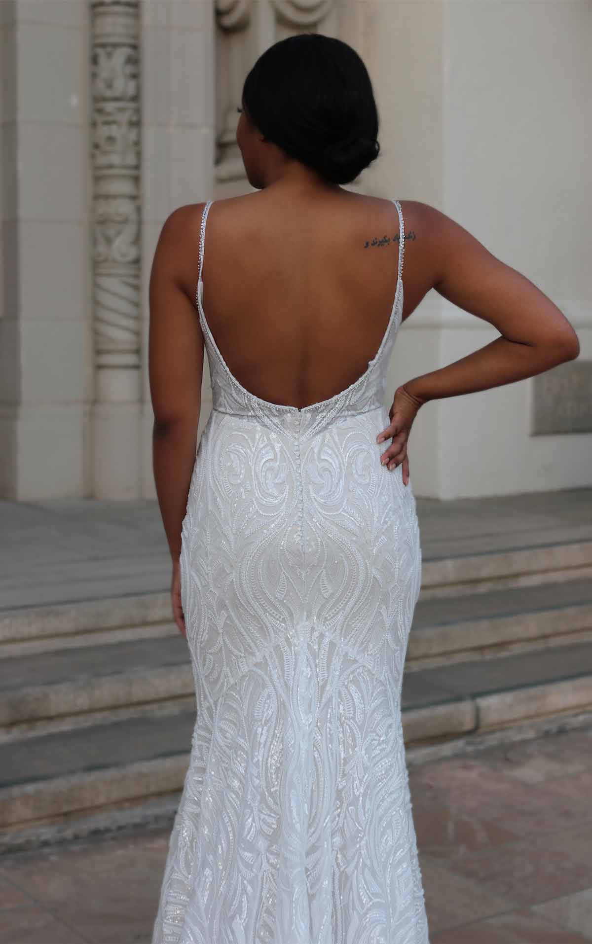 1306 Graphic Lace Fit-and-Flare Wedding Dress with Sequins and Beading  by Martina Liana