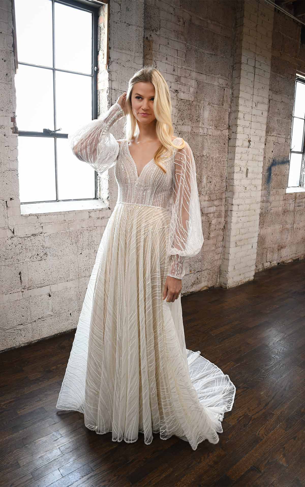 1335 Sparkling Boho-Inspired Wedding Dress with Bell Sleeves  by Martina Liana