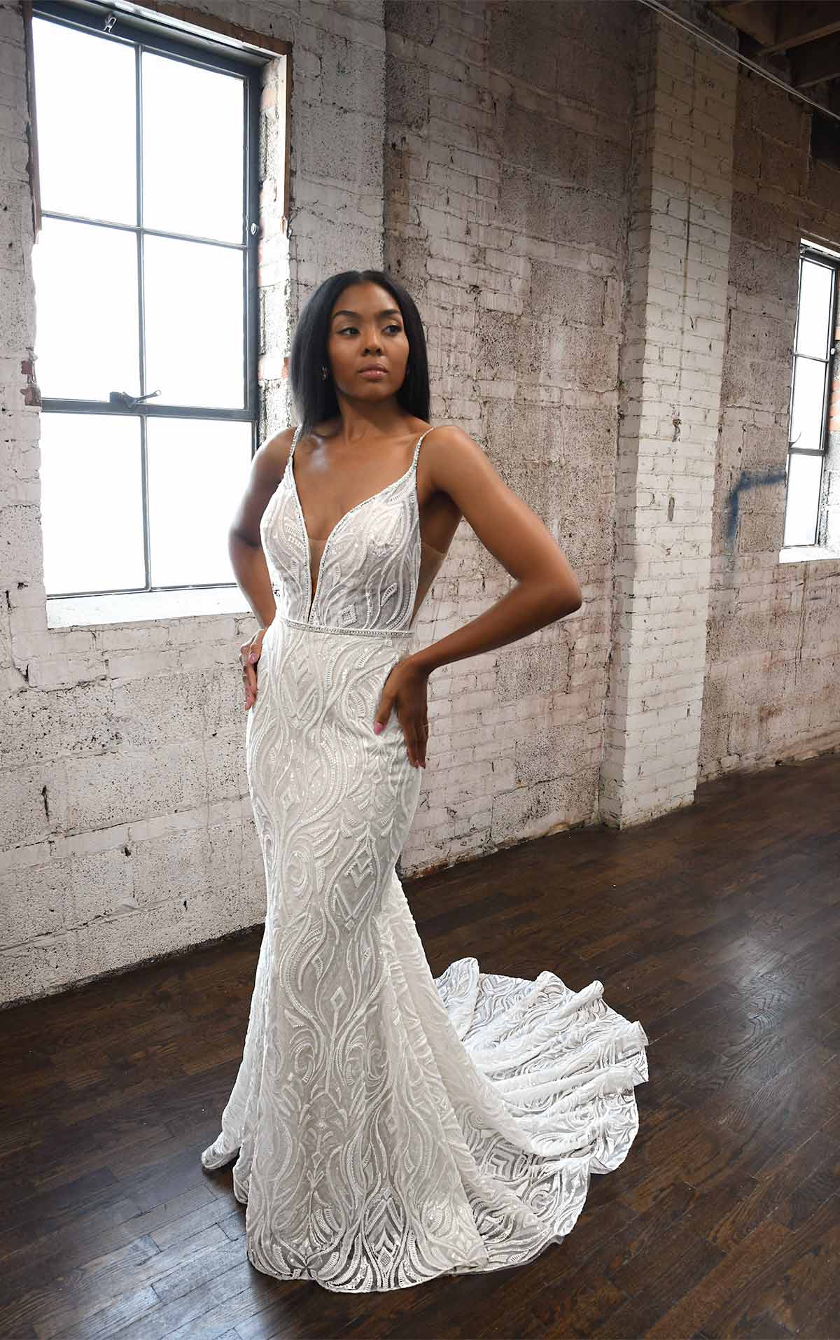 1306 Graphic Lace Fit-and-Flare Wedding Dress with Sequins and Beading  by Martina Liana