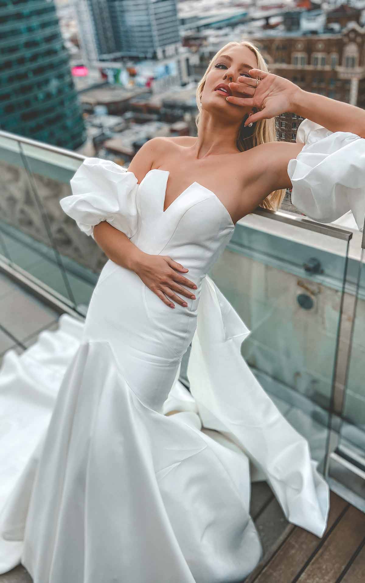 1266 Sleek and Modern Mermaid Wedding Gown with Puffed Sleeves  by Martina Liana