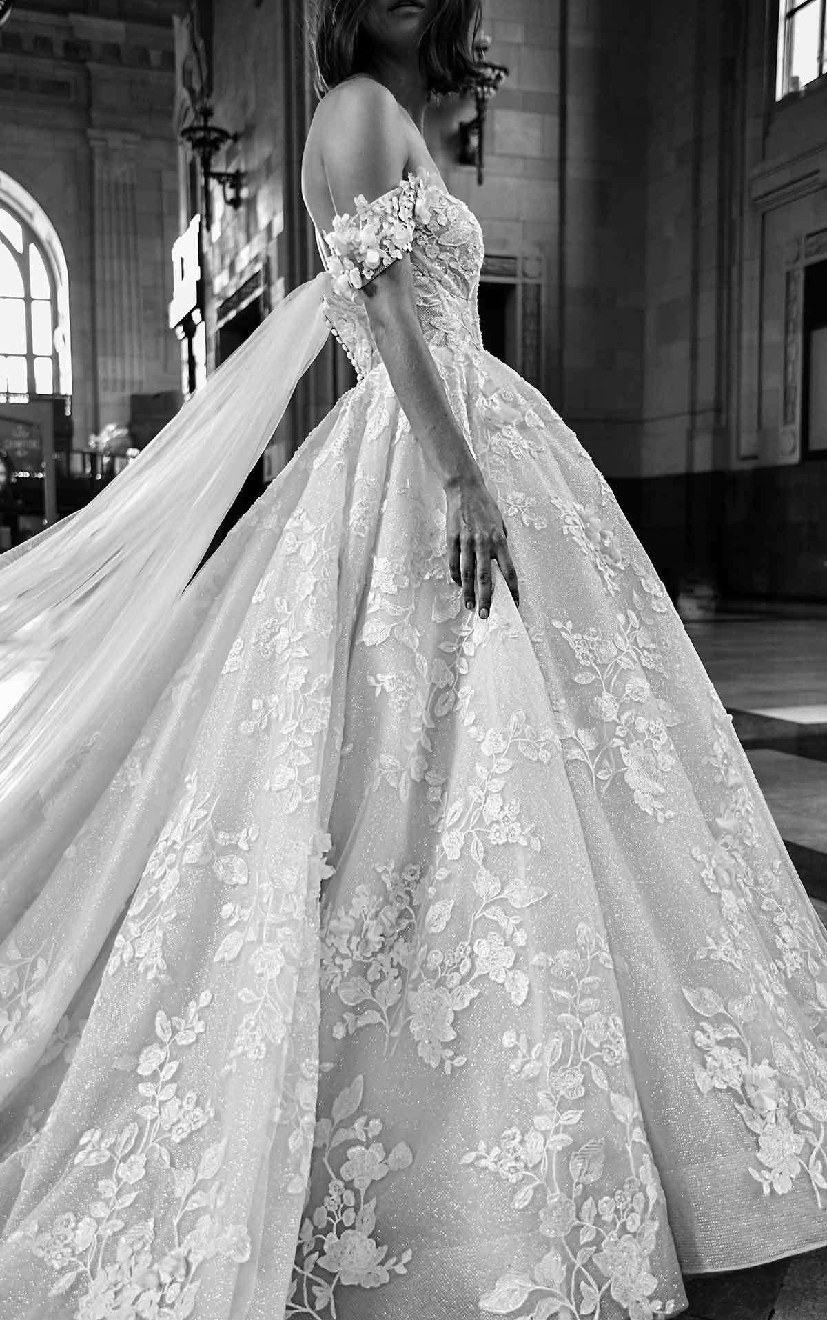 le1117 High-Volume Lace Ballgown with Tulle Streamers  by Martina Liana Luxe
