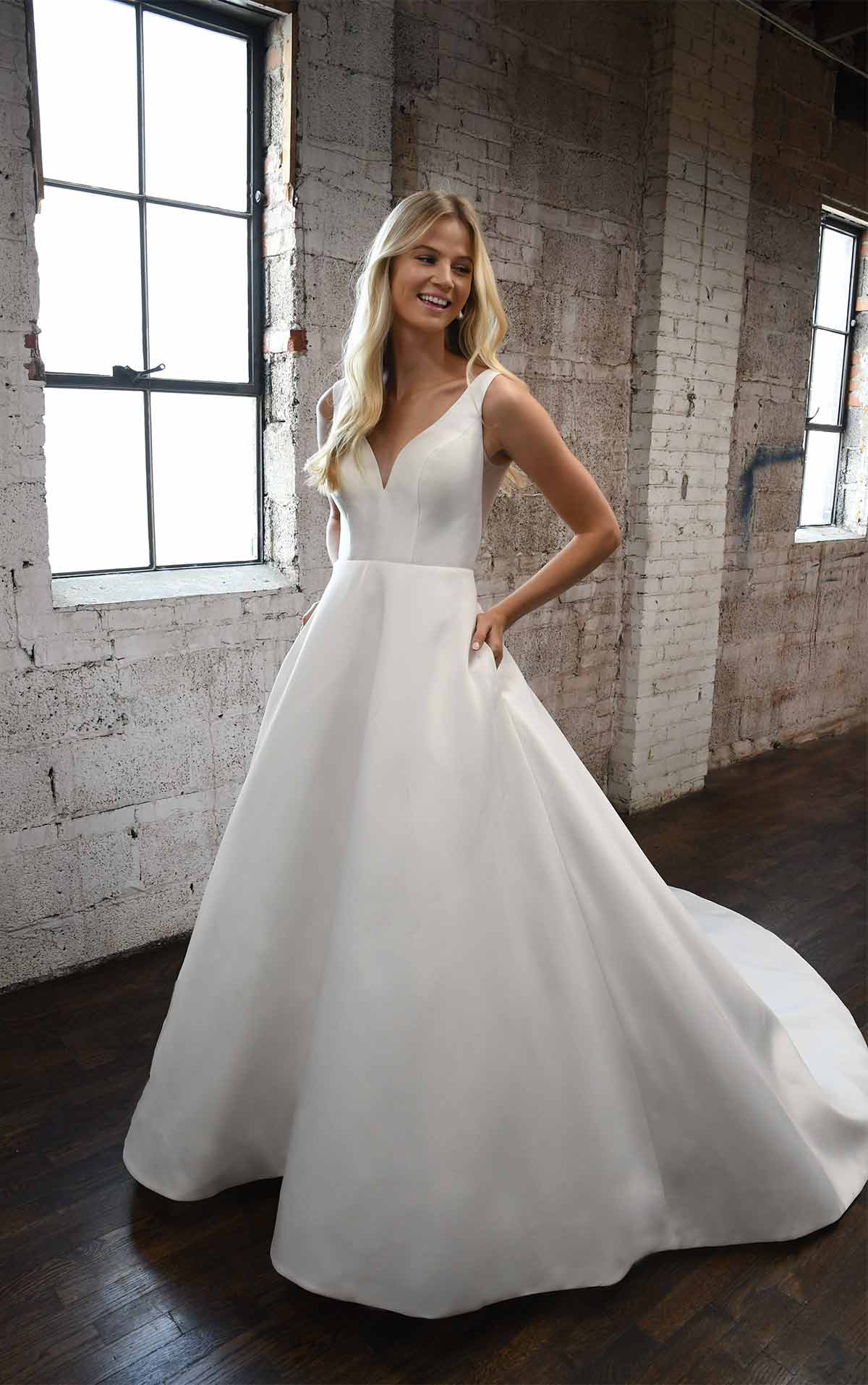 1275 Clean Modern Ballgown with Wide Straps and Bow  by Martina Liana