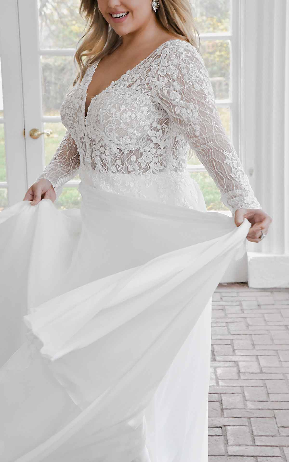7291+ Modern Mixed-Fabric Plus Size Wedding Dress with Lace and Long Sleeves  by Stella York