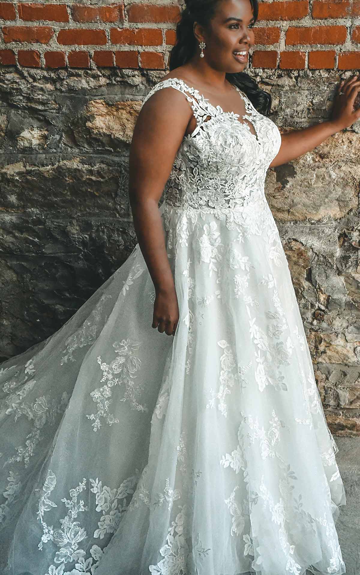 d3280+ Lace A-Line Plus Size Wedding Dress with Long Sleeves  by Essense of Australia