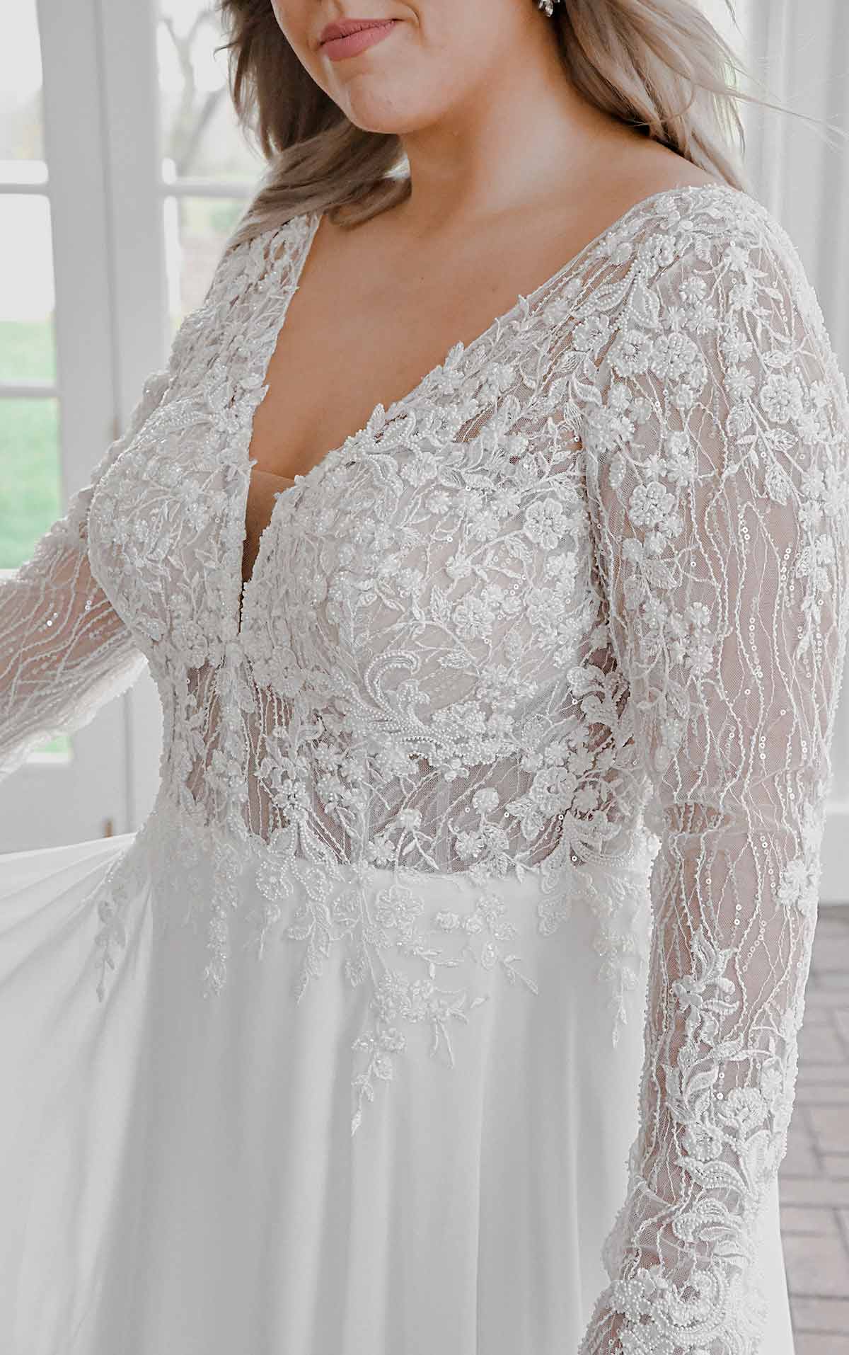7291+ Modern Mixed-Fabric Plus Size Wedding Dress with Lace and Long Sleeves  by Stella York