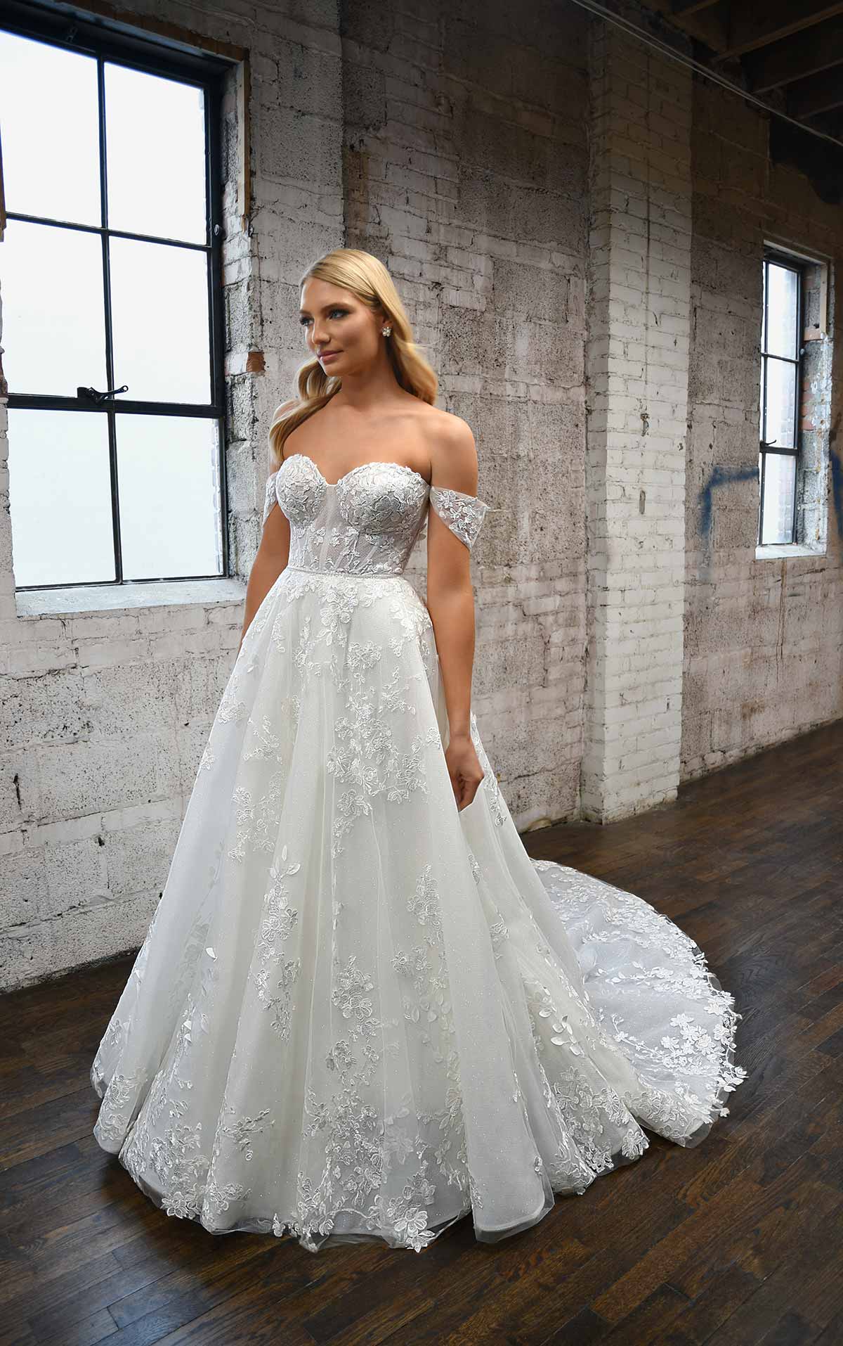 1342 Sweetheart Off-the-Shoulder Wedding Dress with Floral Lace Details  by Martina Liana
