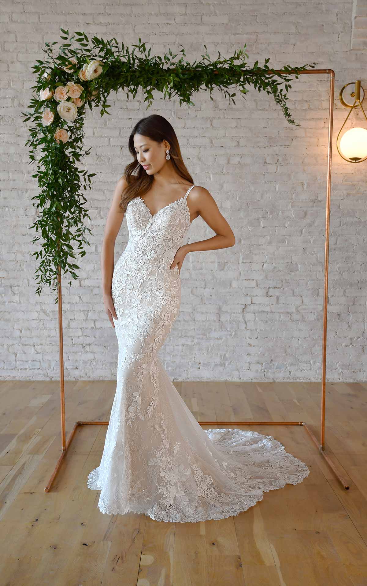 7370 Backless Floral Lace Fit-and-Flare Wedding Dress  by Stella York
