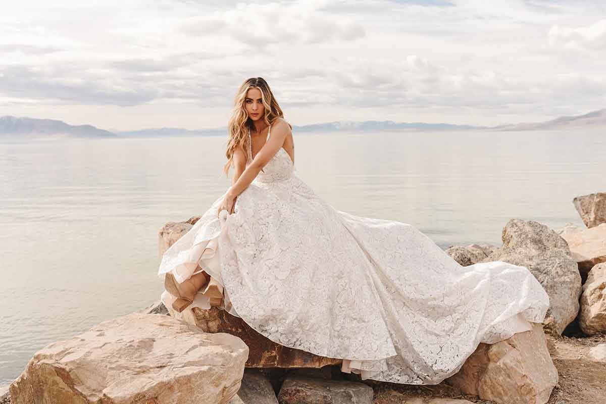 1373 Floral Lace Wedding Dress with Back Strap Detail  by Martina Liana