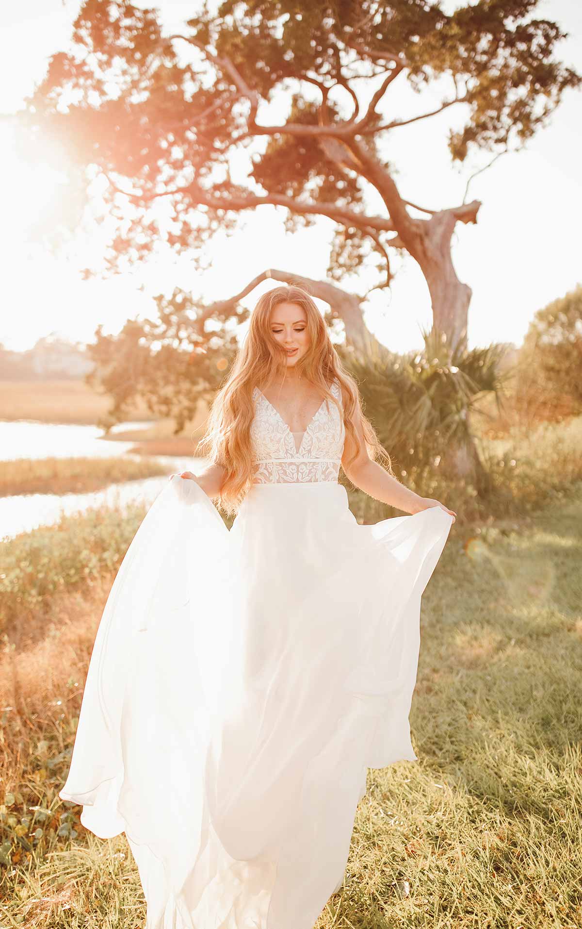 7302 Simple Wedding Dress with V-Neckline and Lace Bodice  by Stella York