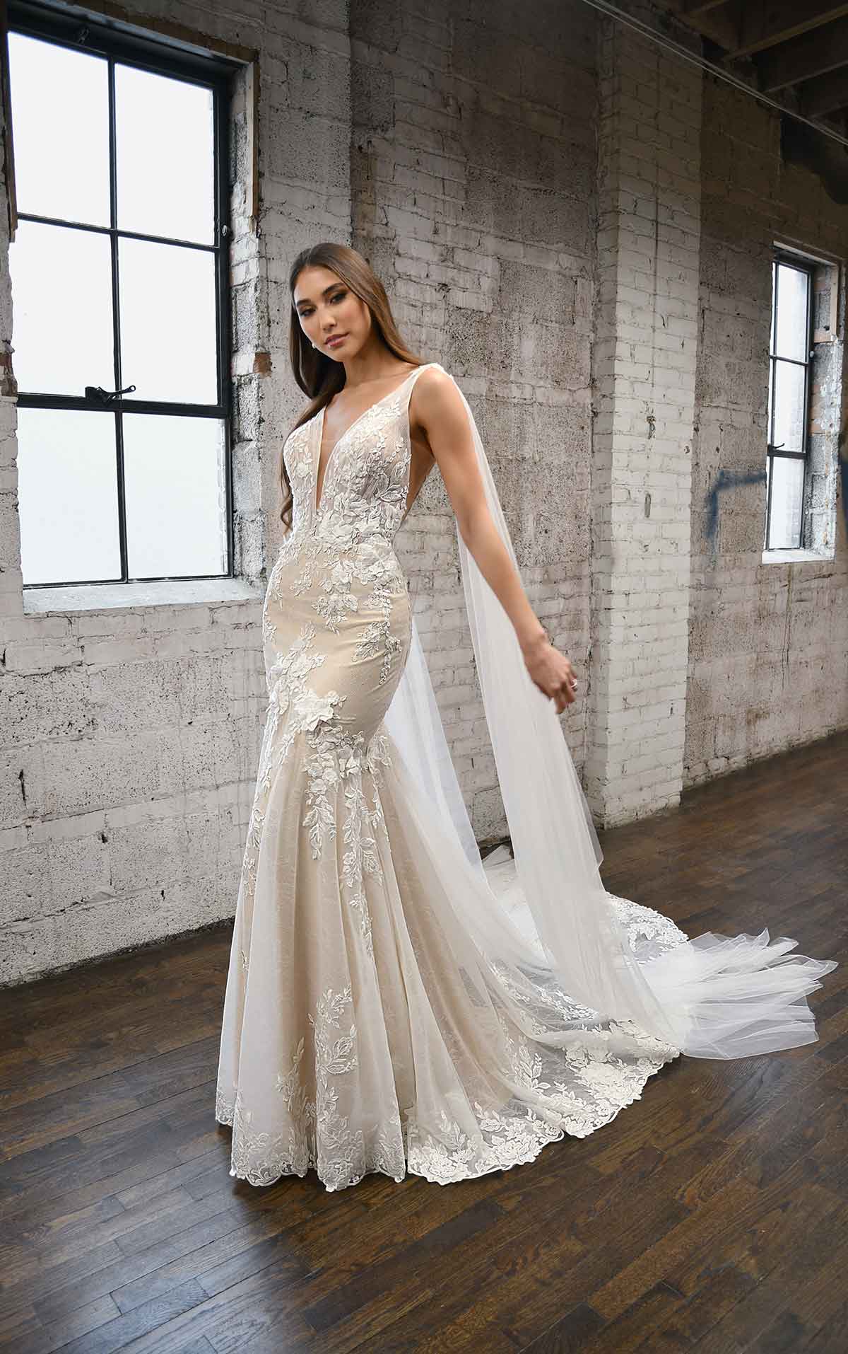 1374 Floral V-Neckline Fit-and-Flare Wedding Dress with Streamers  by Martina Liana