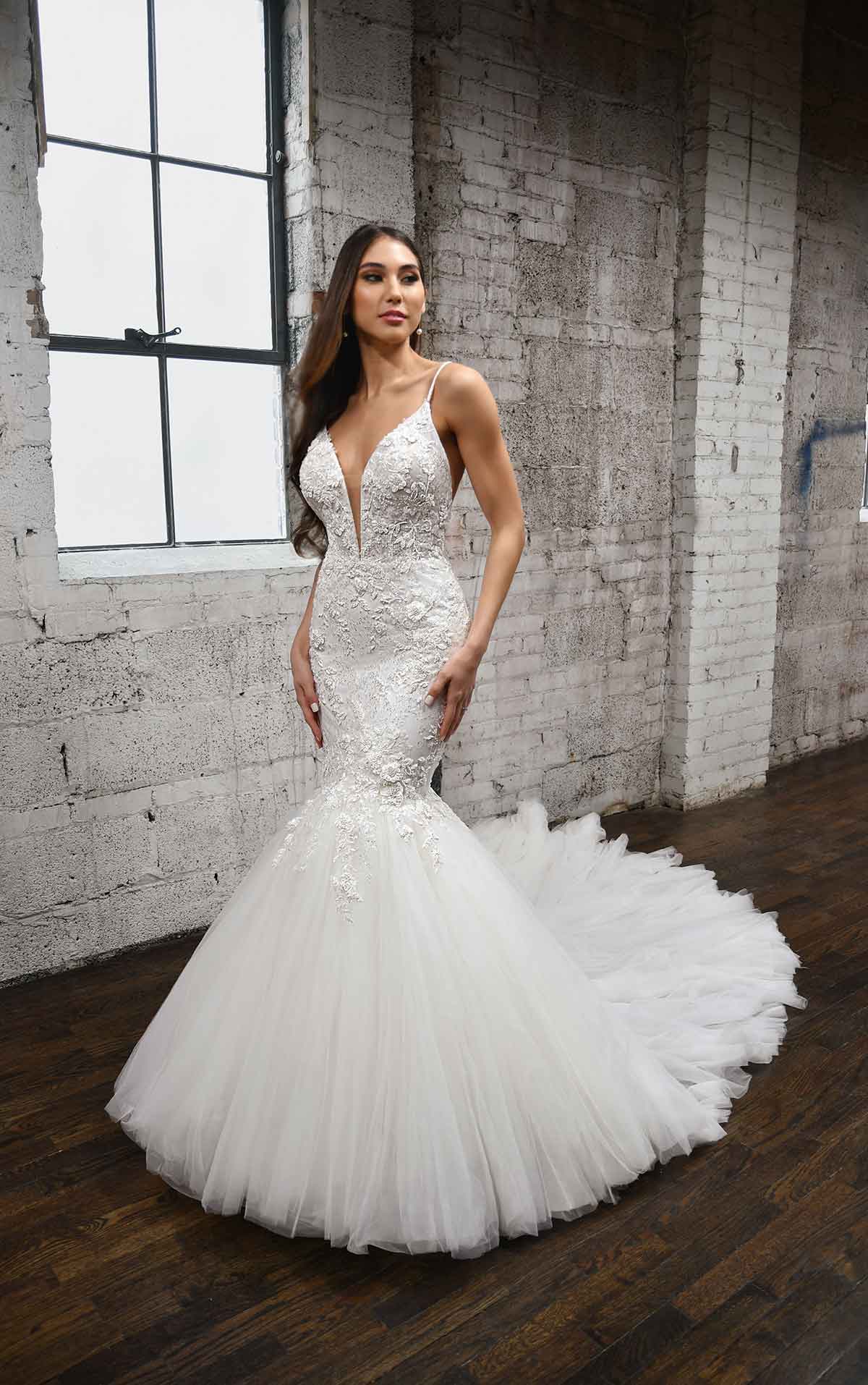 1397 V-Neckline Fit-and-Flare Wedding Dress with Floral Details  by Martina Liana