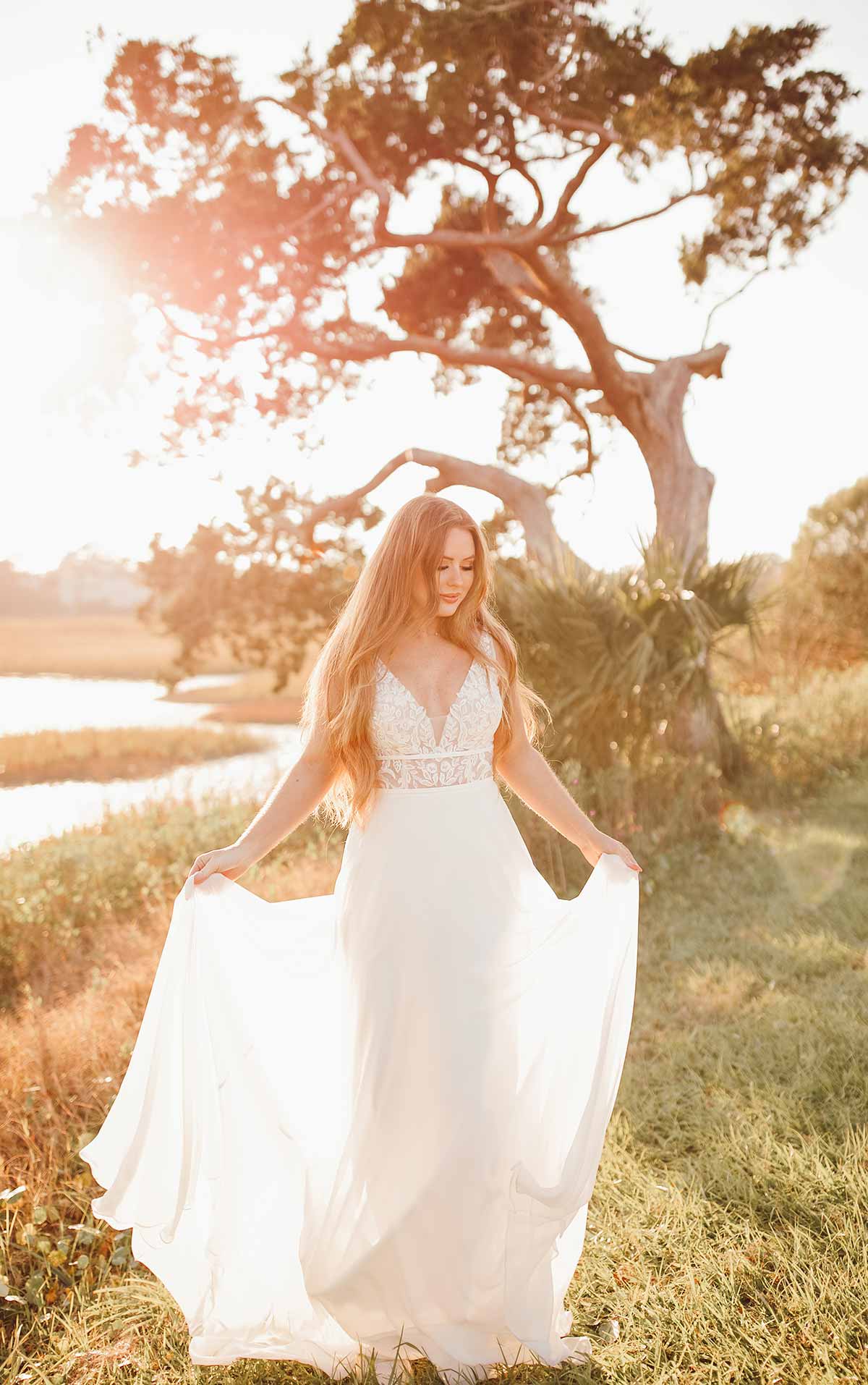 7302 Simple Wedding Dress with V-Neckline and Lace Bodice  by Stella York