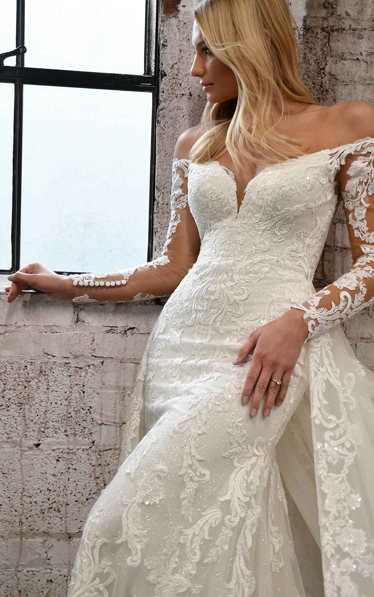 1359 Long-Sleeve Lace Wedding Dress with Detachable Overskirt  by Martina Liana