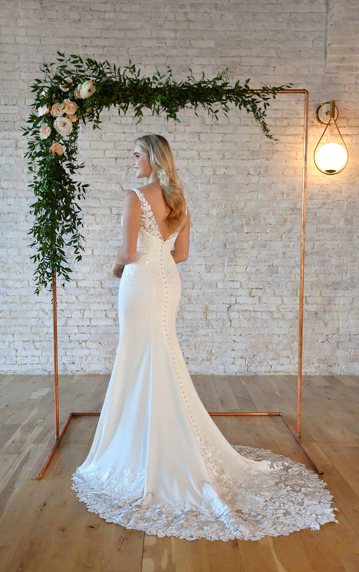 7335 V-Neckline Column Wedding Dress with Sheer Back Detail  by Stella York