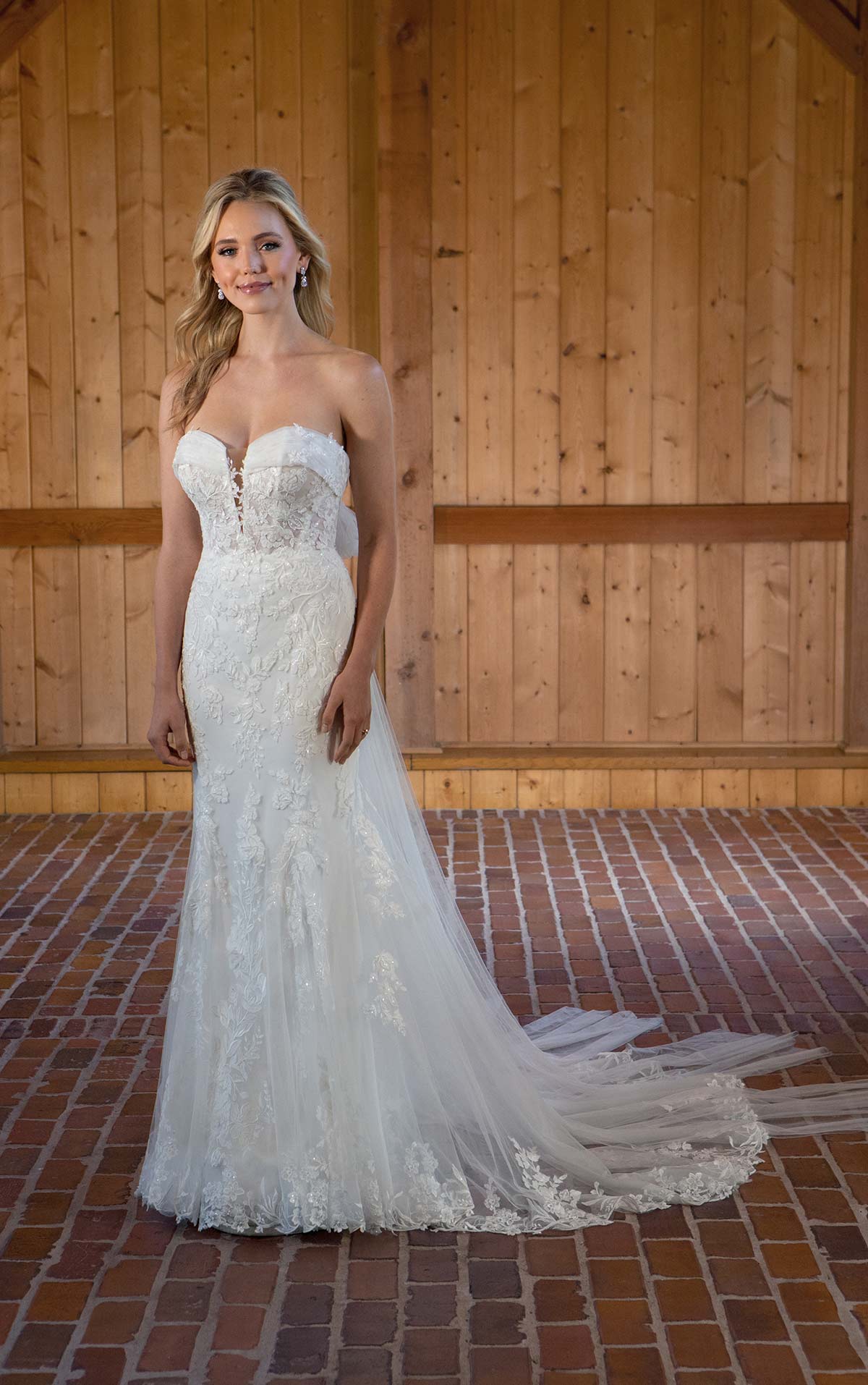 d3639 Glamorous Beaded Lace Fit-and-Flare Wedding Dress with Off-the-Shoulder Straps  by Essense of Australia