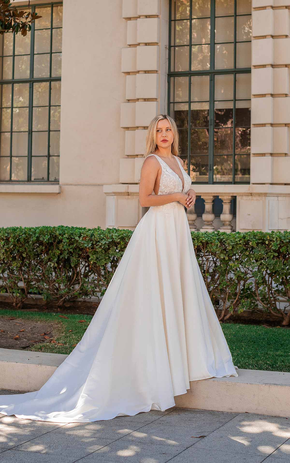 Elegant A-Line Wedding Dress with Lace Bodice, D3640, by Essense of Australia