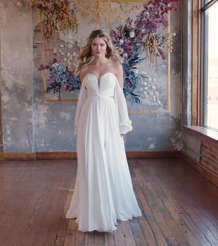 【sahara】Weeping Willow Cross Neck Dress Casual Crepe A-line Beach Wedding Dress with Long Sleeves