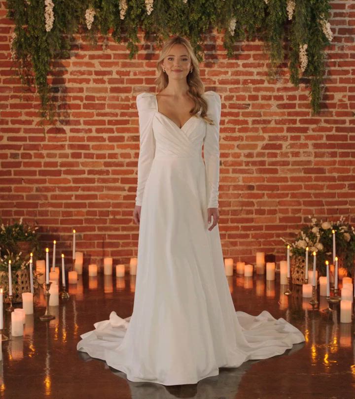 Chic Long Sleeve A-Line Satin Wedding Dress with Soft V-Neckline Chic Long Sleeve A-Line Satin Wedding Dress with Soft V-Neckline