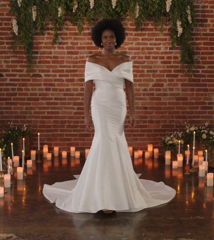 Off-the-Shoulder Mikado Fit-and-Flare Bow Back Wedding Dress