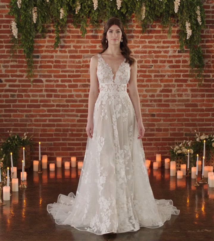 Semi-Sheer Floral Plunging A-line Wedding Dress