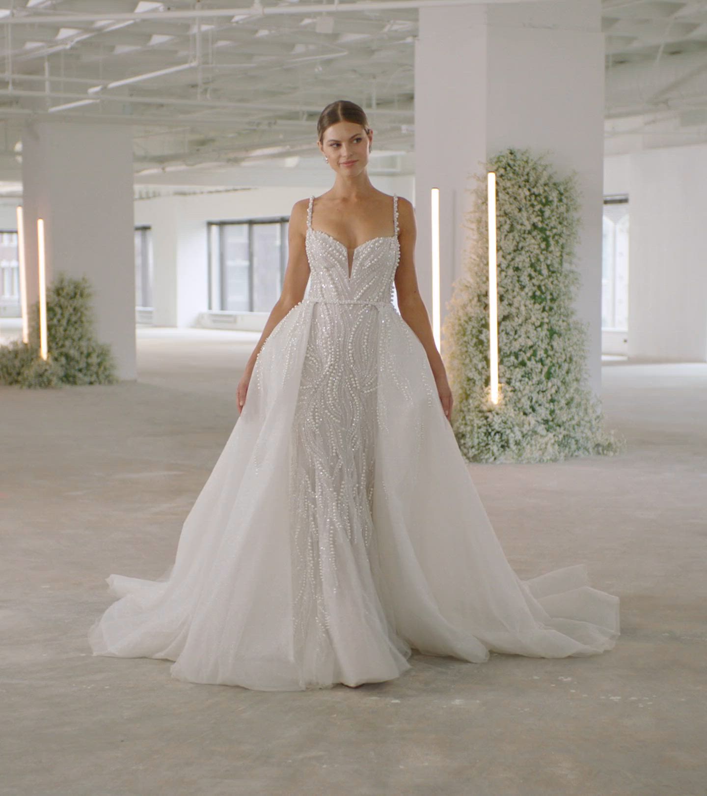 Fashion-Forward Pearl Fit-and-Flare Wedding Dress with Spaghetti
