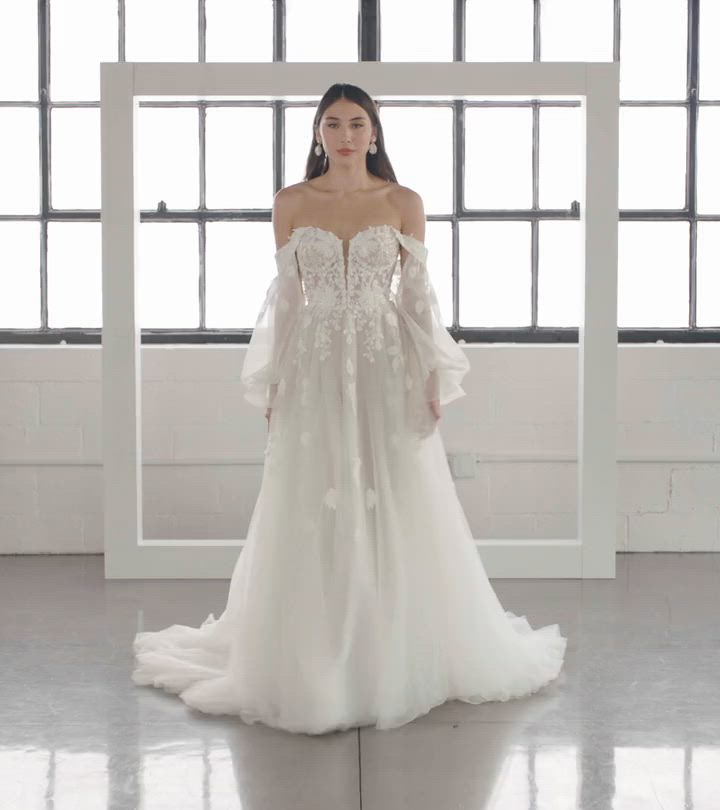 Romantic Off-the-Shoulder Long Sleeve Wedding Dress with Plunging Romantic Off-the-Shoulder Long Sleeve Wedding Dress with Plunging