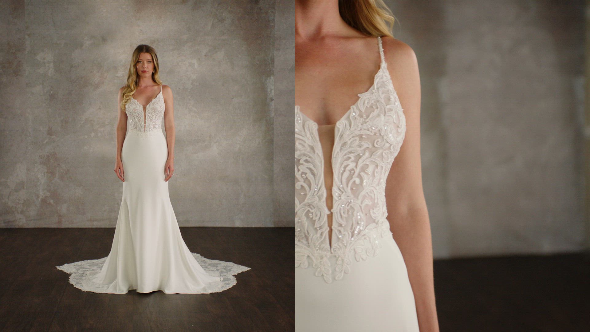 Elegant Lace & Crepe Column Wedding Dress with Pearl Accents
