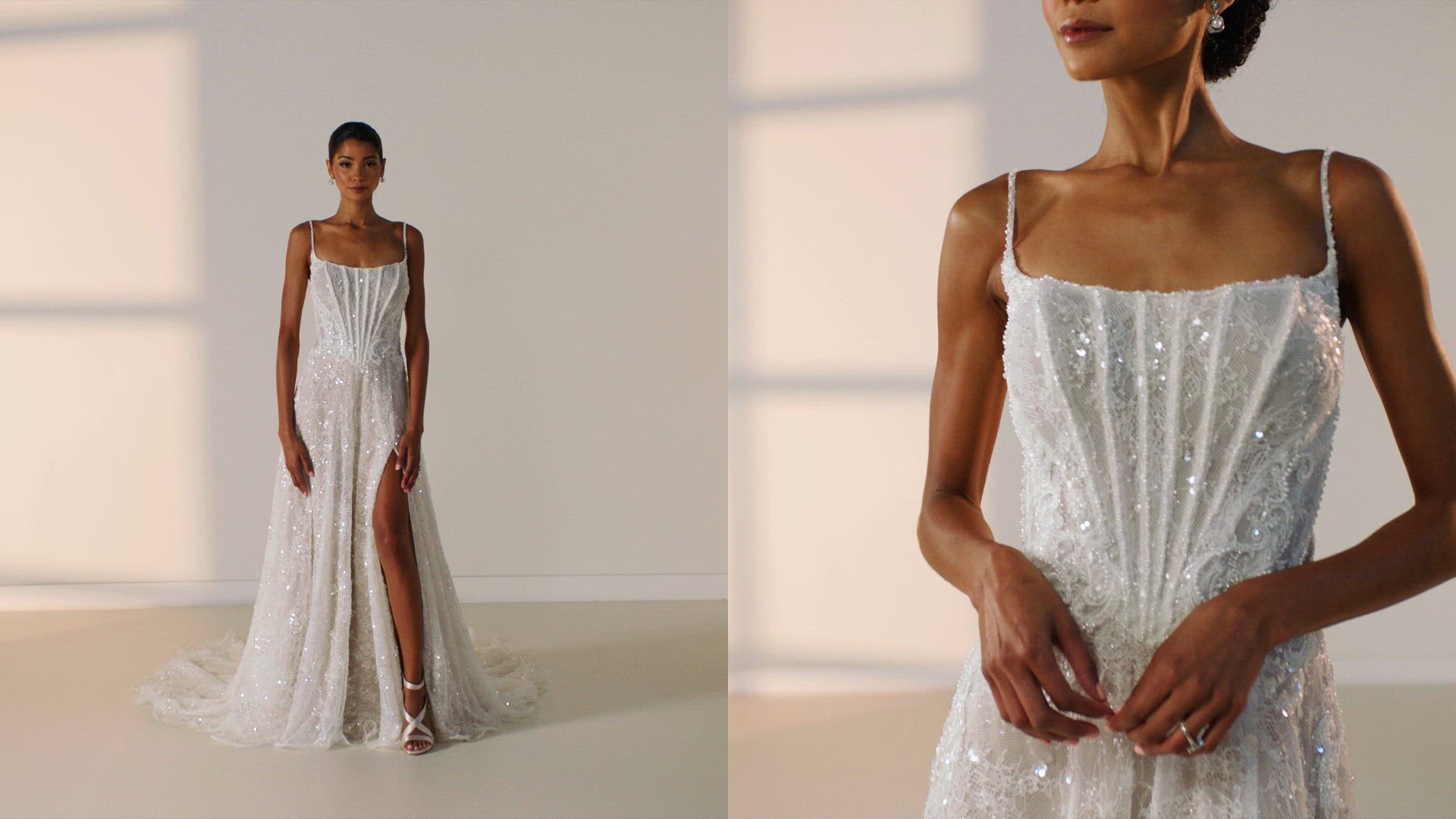 Art Deco-Inspired Lace Spaghetti Strap Wedding Dress