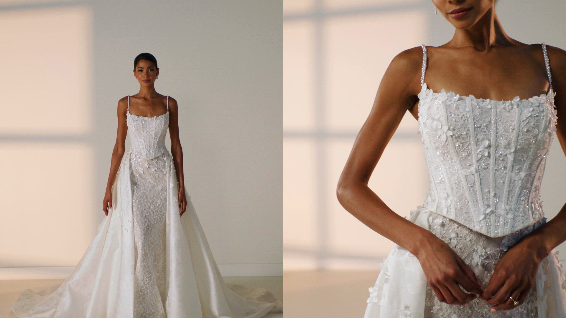 Lace Column Wedding Dress with Florals and Detachable Overskirt